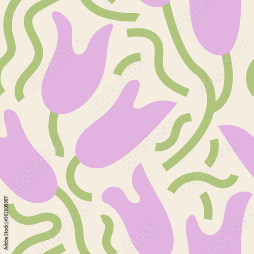 Seamless pattern with purple tulips and abstract green lines. Blossom spring vector background in retro style