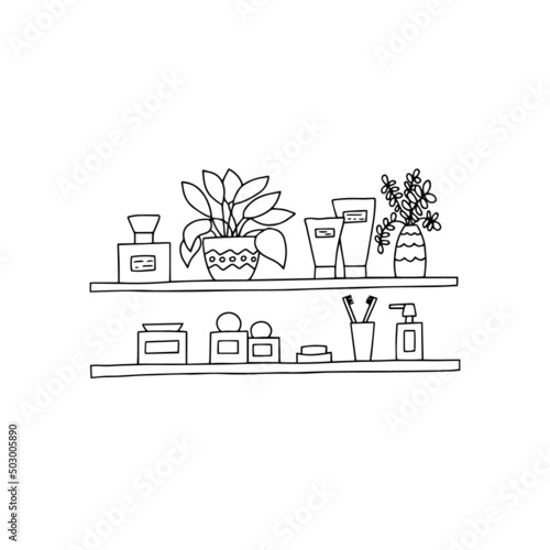 Bathroom shampoo and cream shelf doodle
