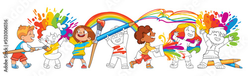 Children paint each other with paint in different colors. Black and white images turn to color with magic. Concept art. Colorful cartoon characters. Funny illustration. Isolated on white background