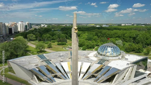 Outdoor view of Stela, Minsk Hero city Obelisk, Belarusian State Museum of the History of the Great Patriotic War. The Stela “Minsk is a hero city”. Drone View. Bird's Eye View