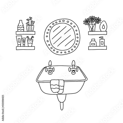 Doodle bathroom sink and mirror. Hand drawn toilet coloring page with sink