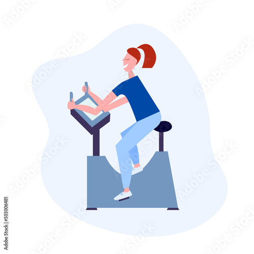 Woman on exercise bike. Flat style vector illustrtation. Happy woman doing velo exersice