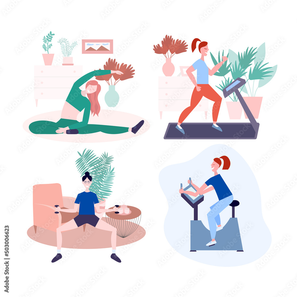 Home sport training set. People fitness activity in room, woman and man doing physical exercises yoga and gymnastics at home. Flat style sport illustration.
