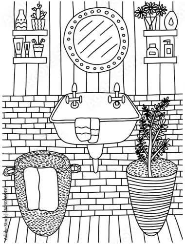 Toilet interior coloring page. Hand drawn bathroom interior with sink and mirror. Cozy coloring book for children and adults