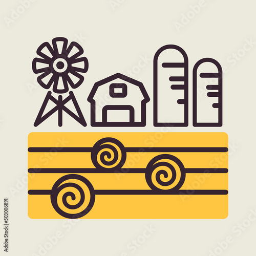 Farm landscape with barn, haystack and granary