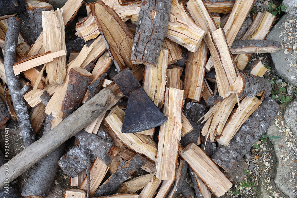 ax and chopped wood, chopping wood with an ax, ax and chopped wood, chopping wood with an ax,