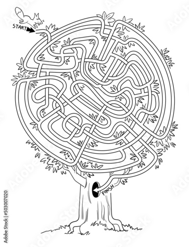 Help the little squirrel through the maze. Black and white cartoon characters. Funny vector illustration. Isolated on white background