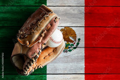 Canvas Print Leather Baseball Glove With Ball on Painted Mexican Flag