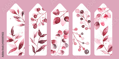 Vector illustration Set of five bookmarks decorated with botanical art texture. Bookmarks with modern creative design printable template on white background. Watercolor texture