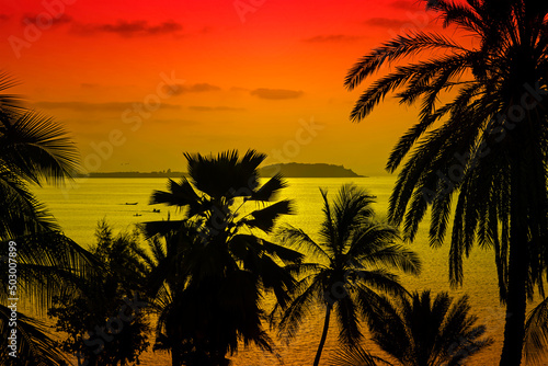 Tropical sunrise on the beach – Silhouettes of coconut palm trees, view on Gorée Island, Dakar, Senegal