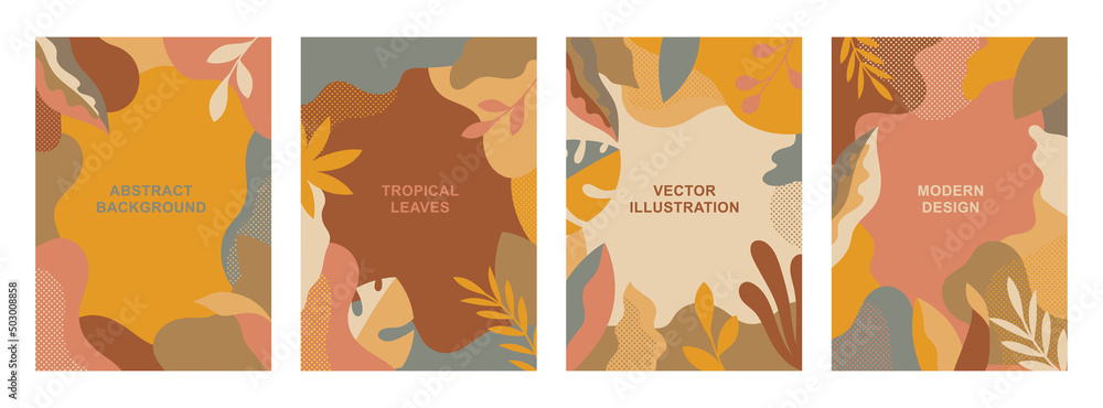 Set of vector abstract tropical cards. Vertical templates for websites, greeting cards, advertising banners. Designs with palm leaves and flowers in flat cartoon style.
