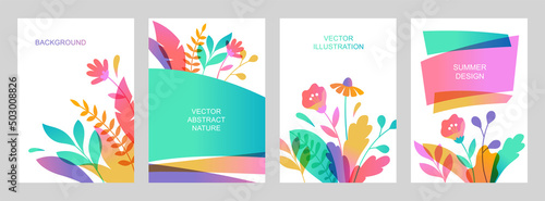 Set of vector abstract cards with leaves and flowers. Vertical templates for websites  greeting cards and advertising banners. Floral designs in flat cartoon style.