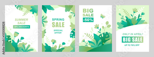 Set of vector abstract cards with leaves and flowers. Vertical templates for websites, greeting cards and advertising banners. Floral designs in flat cartoon style.