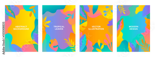 Set of vector abstract tropical cards. Vertical templates for websites, greeting cards, advertising banners. Designs with palm leaves and flowers in flat cartoon style.