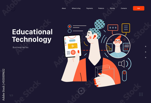 Technology Memphis - educational technology -modern flat vector concept digital illustration of distant education via application, student and tutor video chat. Creative landing web page template