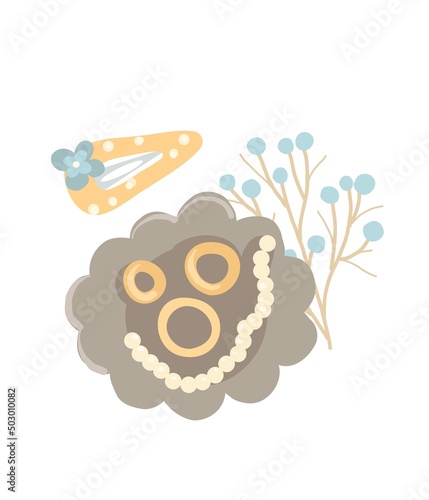 Jewelry, bijouterie, rings. Jewelry storage. Hairpin. Illustration for booklet, catalogue, magazine.