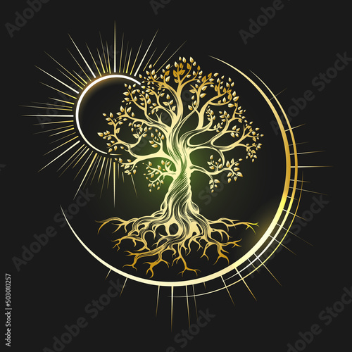 Golden Tree of Life Esoteric Emblem on Black Background