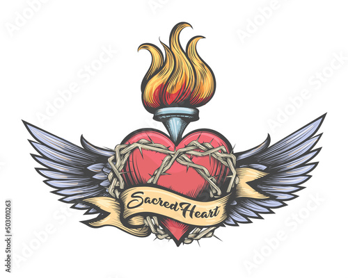 Winged Sacred Heart Tattoo in Engraving Style