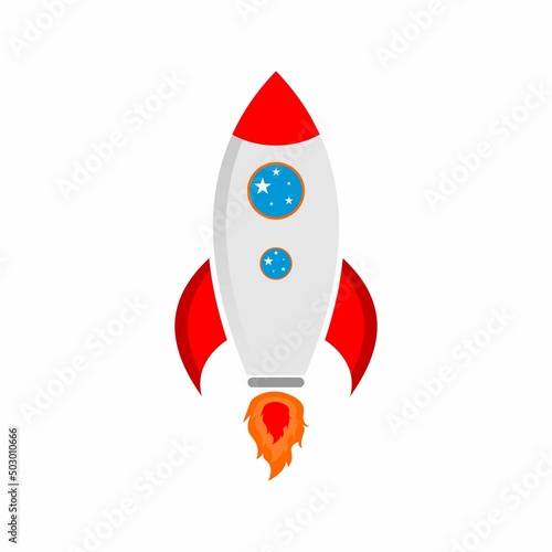 vector illustration of launched rocket, spaceship, white and red