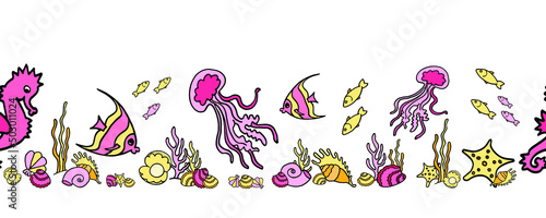 Pink Marine Sesmless Border with Cute Ocean Inhabitants.