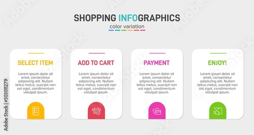 Concept of shopping process with 4 successive steps. Four colorful graphic elements. Timeline design for brochure, presentation, web site. Infographic design layout.