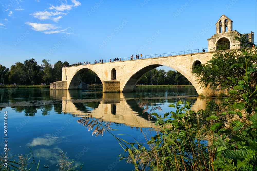 Scenic panorama of the Avignon Bridge and Chapel of Saint Nicholas