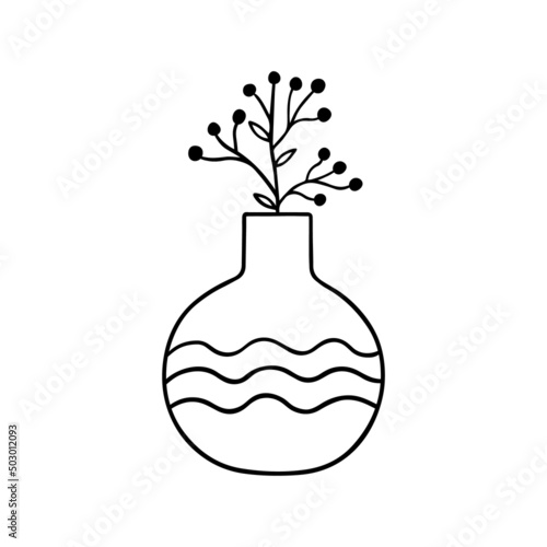 Hand drawn flowers and branches in a vase doodle.  Home plants in sketch style.  Vector illustration isolated on white background.