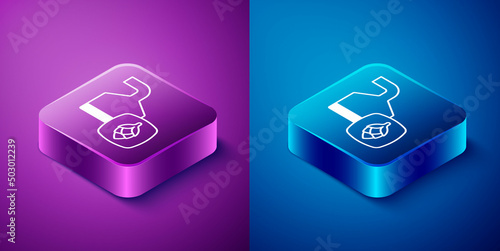 Isometric Traditional brewing vessels in brewery icon isolated on blue and purple background. Beer brewing process. Distillery plant, brewery. Square button. Vector