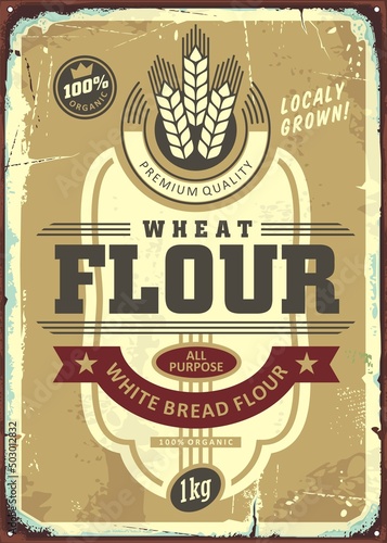 Wheat white bread flour retro sign label design. Classical style vintage poster for organic natural flour. Old vector illustration.