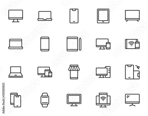 Electronic devices concept. Line icon collection including icons of laptop, tablet, smartphone, computer, wristwatch, e-commerce. Suitable for internet shops, stores, advertisement etc