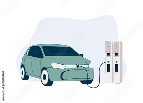 Electric car or electrocar urban environment friendly transportation. Website banner template with electric car.
