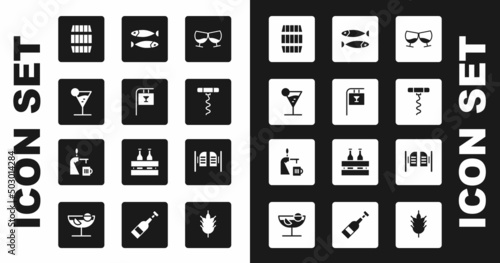 Set Glass of cognac or brandy, Street signboard with Bar, Martini glass, Wooden barrel, Wine corkscrew, Dried fish, Saloon door and Beer tap icon. Vector