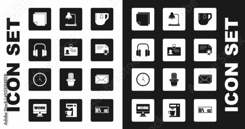 Set Cup of tea with tea bag, Identification badge, Headphones, Post note stickers, Certificate template, Table lamp, Envelope and Clock icon. Vector