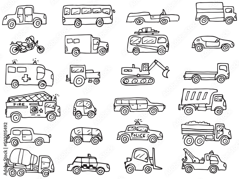 Simple hand drawn doodles, cartoon cars set on white background Simple hand drawn doodles, cartoon cars set on white background