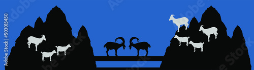 Two bighorn male goats on chump fighting vector silhouette illustration isolated on black. Angry stubborn animal battle. Alpha goat macho conflict on bridge. Natural competition for mating and family.
