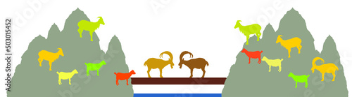 Two bighorn male goats on chump fighting vector silhouette illustration isolated on white. Angry stubborn animal battle. Alpha goat macho conflict on bridge. Natural competition for mating and family.