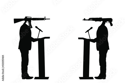 Politician debate duel, diplomacy conflict USA rifle against Russia rifle vector silhouette illustration isolated on white background. Geopolitical competition west against east, cold war situation.