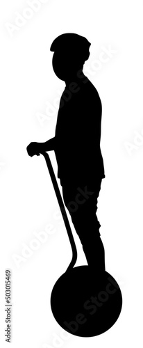 Battery power vehicle tourist man having guide city tour vector silhouette illustration. Senior passenger traveling with rental electric scooter. Traveler explore destination. Delivery mailman on road