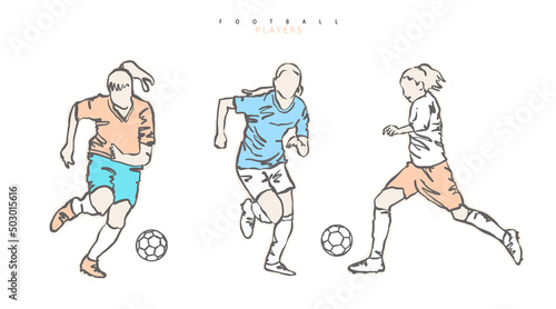 Women's football, vector illustration. Sports clipart, collection of hand-drawn girls, soccer ball sketch.
