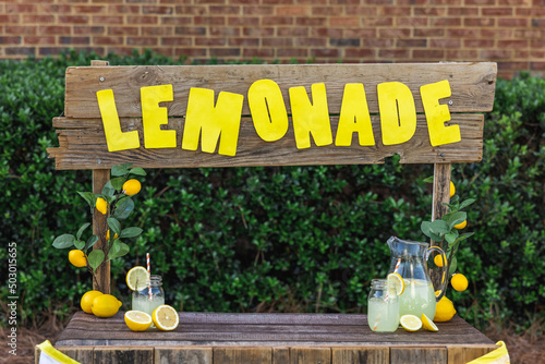 Photography An empty lemonade stand ready for children to start selling lemonade on a hot su