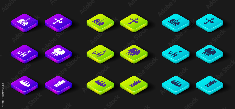 Set Bread loaf, Birch tree, Bottle of vodka with glass, Kosovorotka, Christian cross and King crown icon. Vector Set Bread loaf, Birch tree, Bottle of vodka with glass, Kosovorotka, Christian cross and King crown icon. Vector