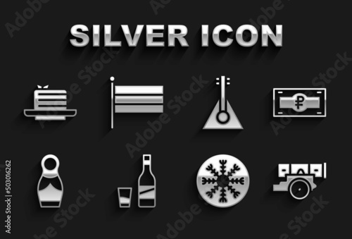 Set Bottle of vodka with glass, Russian ruble banknote, Cannon, Snowflake, doll matryoshka, Balalaika, Medovik and National flag icon. Vector