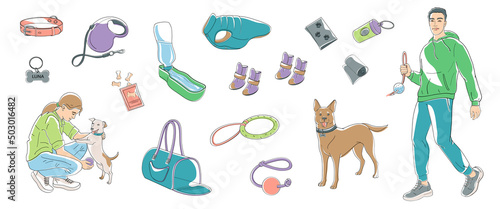 Women play with small dog, man walking with big dog and set elements about walk with pet, clothes, shoes, toys, biscuits, carrying bag, portable water bowl, collar, leash. Outline vector 