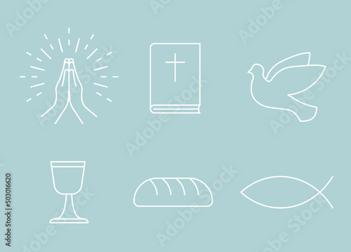 christianity icon set; praying hands, bible, dove, chalice, bread and fish - vector illustration