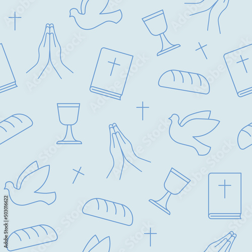 seamless pattern with christian religion icons, holy communion: bible, cross, dove, bread, chalice and praying hands; for wrapping, greeting cards- vector illustration