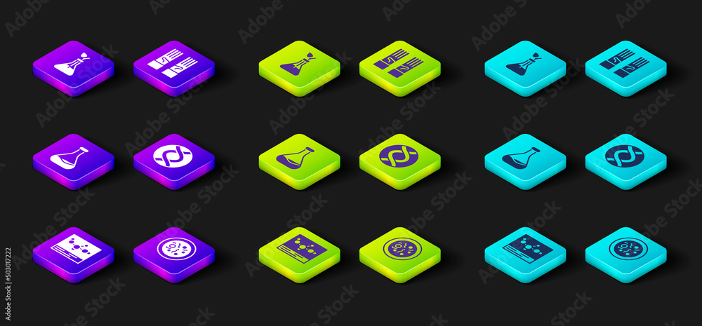 Set Chemical formula, Petri dish with bacteria, Test tube and flask, DNA symbol, Medical rubber gloves and Plant breeding icon. Vector Set Chemical formula, Petri dish with bacteria, Test tube and flask, DNA symbol, Medical rubber gloves and Plant breeding icon. Vector