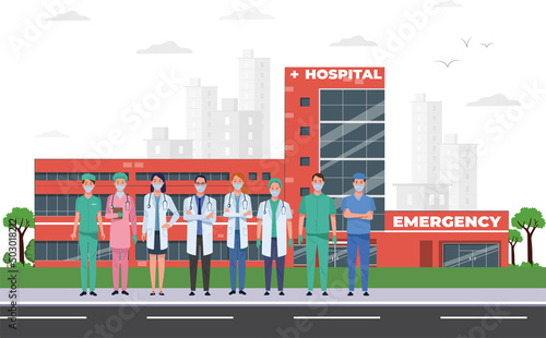 Group of happy doctors, nurse and medical staff standing at front side of hospital building. Cartoon vector illustration.