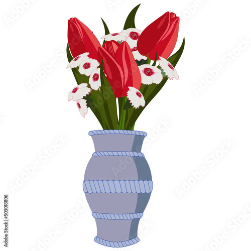 Set of flowers bouquets with different flowers in vases. Tulips, white carnations. Bright colors, soft colors. Vector illustration.