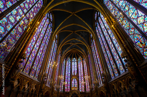 The stained glass windows inside the upper chapel of Sainte-Chapelle the Royal Chapel on the Ile de la Cite in Paris, France.