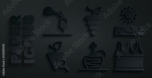 Set Wine in italian fiasco bottle, Drought, Grapes, Bottles of wine box, Bunch grapes and tasting, degustation icon. Vector